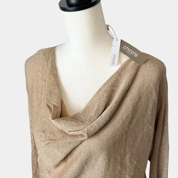 NWT Chicos Ceara Shine Pullover Gold Metallic Cowl Neck Sweater • Size M - Picture 2 of 11